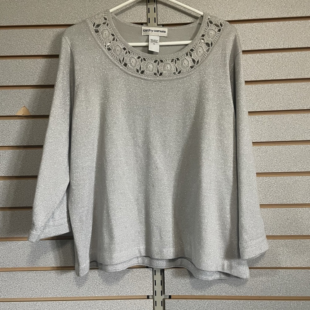 Cathy Daniels Top Shirt Blouse 3/4 Sleeve Sweater Silver Sparkly XL Crochet Trim